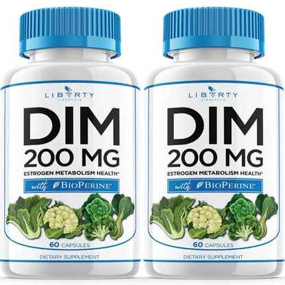 Liberty Lifestyle DIM Supplement 200mg - DIM Diindolylmethane Plus BioPerine - Estrogen Balance, Hormone Menopause Relief, Acne Treatment, Vegan - 120 Count