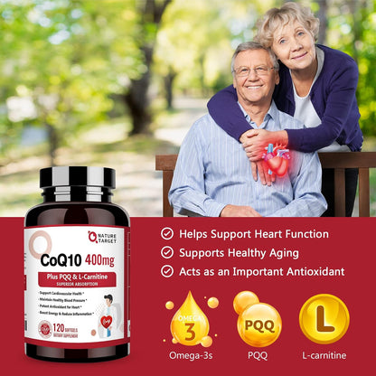 NATURE TARGET CoQ10-400mg with PQQ, Omega-3s & L-Carnitine, 120 Servings | High Absorption Coenzyme Q10 with BioPerine, Supports Heart, Brain, Immune System, Energy Production