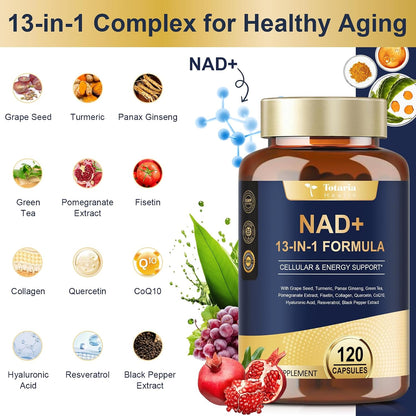 Totaria NAD Supplement for Women Men with nicotinamide riboside resveratrol,Quercetin, Betaine Boost NAD+ Levels NAD Plus Supplement for Anti Aging, Energy, Immune, Focus 120 Capsules