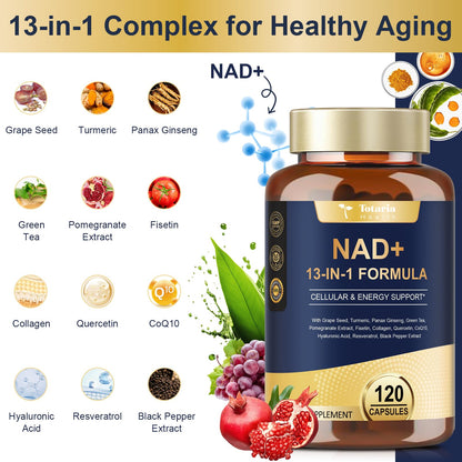 Totaria NAD Supplement for Women Men with nicotinamide riboside resveratrol,Quercetin, Betaine Boost NAD+ Levels NAD Plus Supplement for Anti Aging, Energy, Immune, Focus 120 Capsules