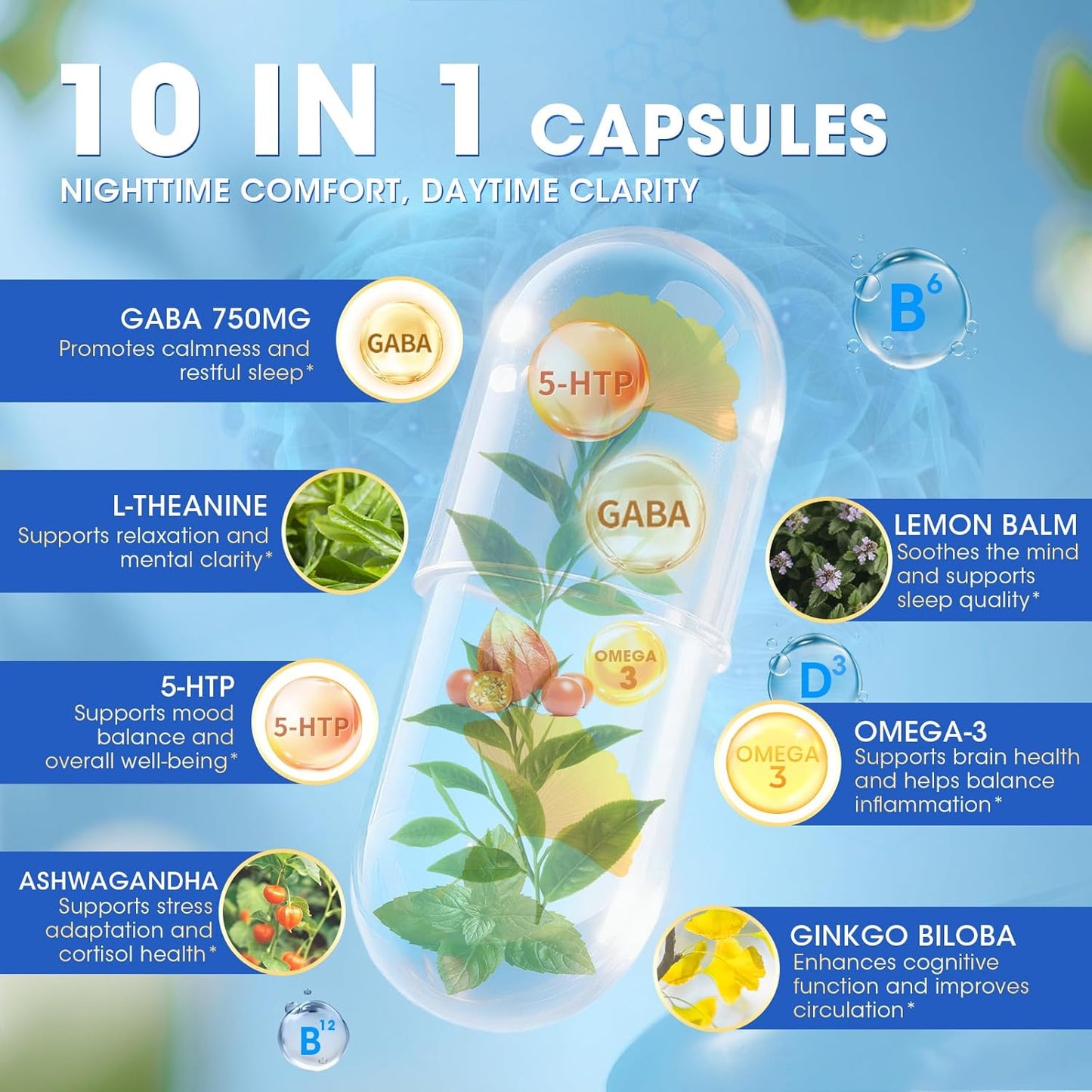 GABA Supplements 750mg with L-Theanine & Ashwagandha for Calm & Sleep 2Pack | 10 in 1 Calm Capsules with 5HTP, Lemon Balm, Ginkgo Biloba, Omega-3 for Relaxation, Focus, Mood Support, Cortisol Balance
