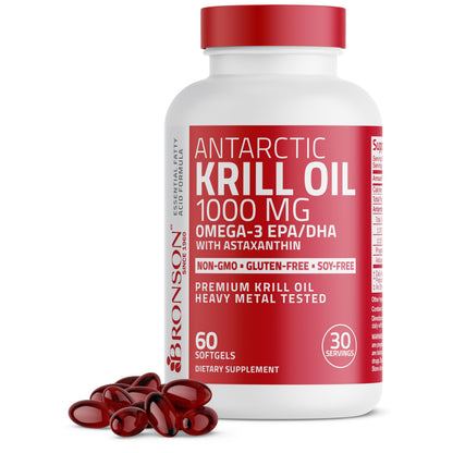 Bronson Antarctic Krill Oil 1000 mg with Omega-3s, 120 Softgels | Heavy Metal Tested, with EPA, DHA, Astaxanthin and Phospholipids, Non-GMO, Gluten Free, Soy Free