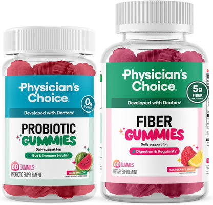 Physician's CHOICE Gut Gummy Bundle: Probiotic Gummies + Fiber Gummies - No Sugar Added & Vegan - Supports Digestive Health & Regularity for Women and Men