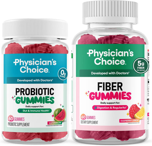 Physician's CHOICE Gut Gummy Bundle: Probiotic Gummies + Fiber Gummies - No Sugar Added & Vegan - Supports Digestive Health & Regularity for Women and Men