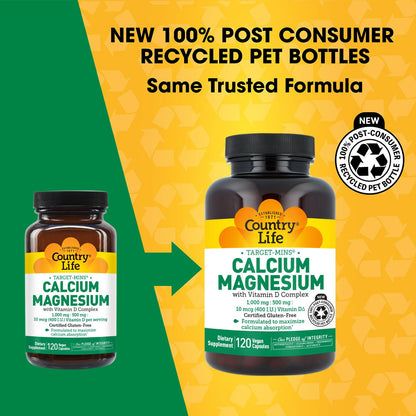 Country Life Target-Mins Calcium Magnesium with Vitamin D-Complex, 1000mg/500mg/10mcg, 240 Vegan Capsules, Certified Gluten Free, Certified Vegan