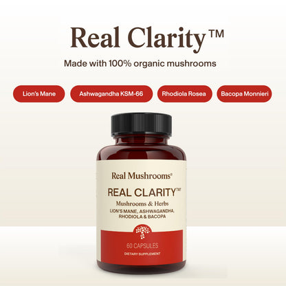 Real Mushrooms RealClarity Capsules – Lion’s Mane, KSM-66 Ashwagandha, Rhodiola & Bacopa – Mental Sharpness, Alertness. & Adaptogenic Support – Vegan, Non-GMO – 60 Count Mushroom Supplement