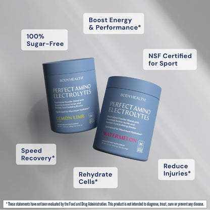 BodyHealth PerfectAmino Electrolytes Powder No Sugar, Hydration Fasting Keto Zero Sugar Electrolytes Drink Mix with Trace Minerals - NSF Certified for Sport - Watermelon - 66 Servings