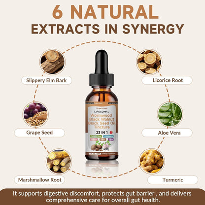 Black Walnut Wormwood Black Seed Oil Cleanse Tincture, 23-in-1 Gentle Gut Detox & Digestive Health Support with Clove, Pumpkin Seed, Oregano, Berberine - Liposomal, Raspberry Flavor, 2FL