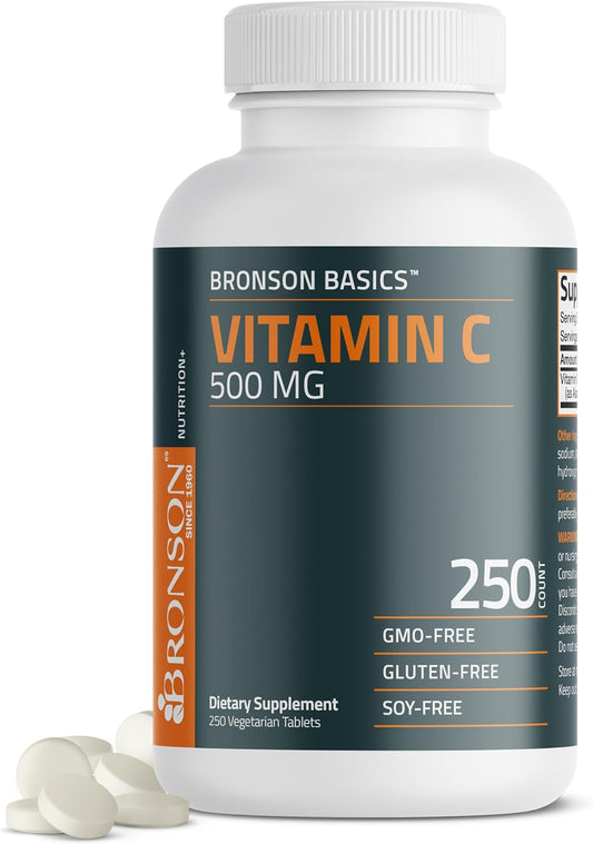 Bronson Vitamin C 500 mg Immune & Antioxidant Support, Non-GMO, 250 Tablets | Daily Vitamin C Replenishment, Vegetarian Formula, Gluten-Free & Soy-Free