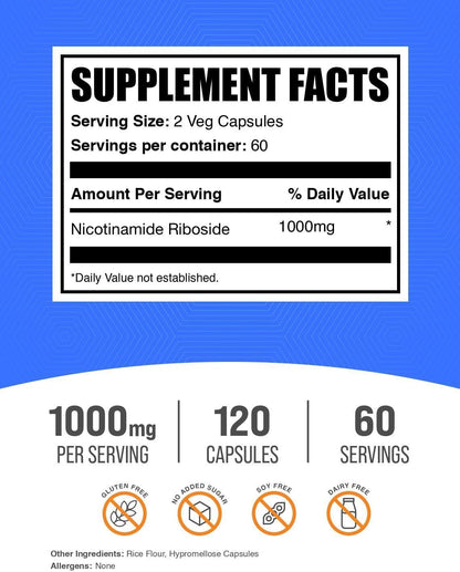 BulkSupplements.com Nicotinamide Riboside Capsules - NAD+ Supplement, Nicotinamide Riboside 1000mg - Gluten Free, 2 Capsules per Serving, 120 Count (Pack of 1)