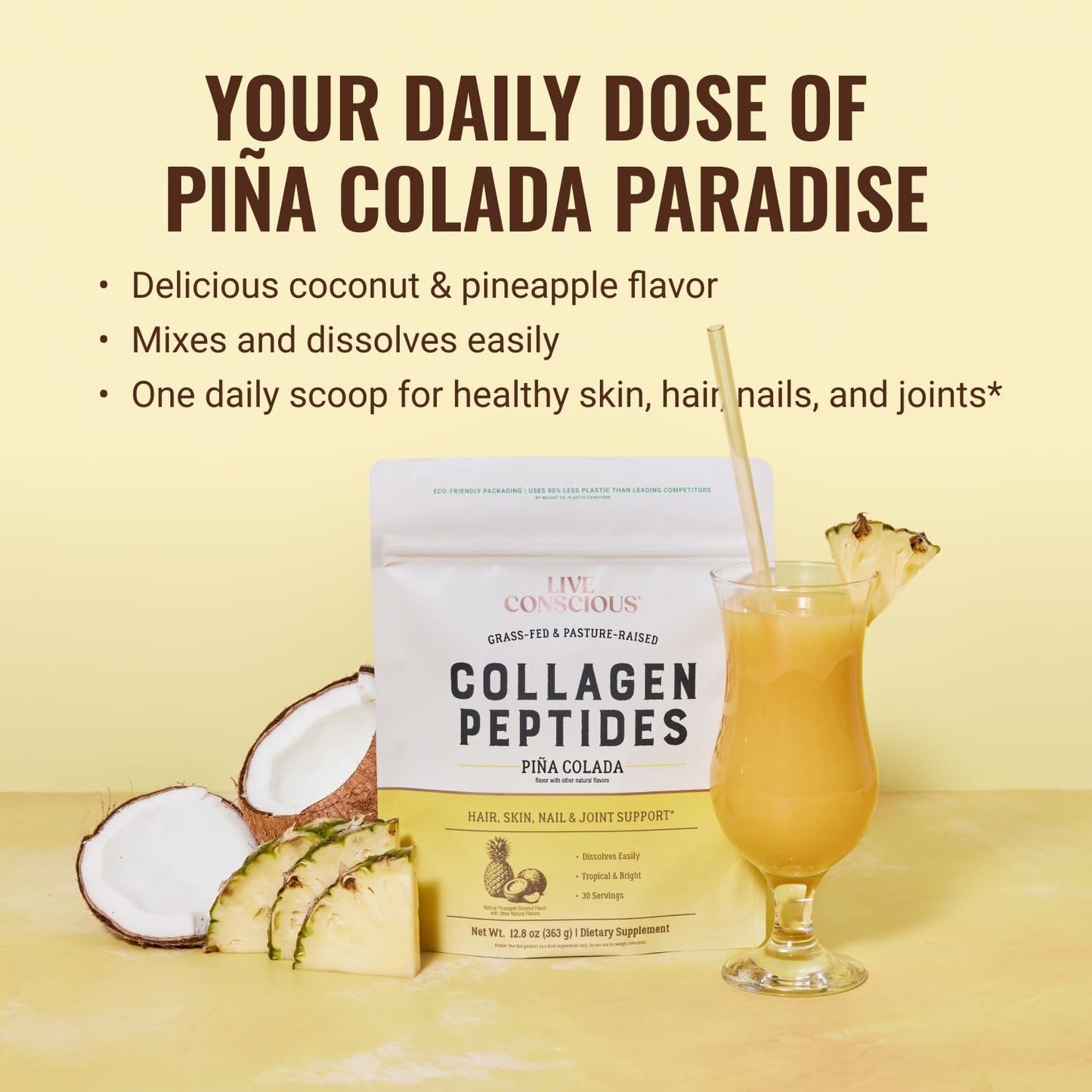 Live Conscious Collagen Peptides Powder - Naturally-Sourced Hydrolyzed Collagen Powder - Hair, Skin, Nail, and Joint Support - Type I & III Grass-Fed Collagen Supplements for Women and Men - 16oz