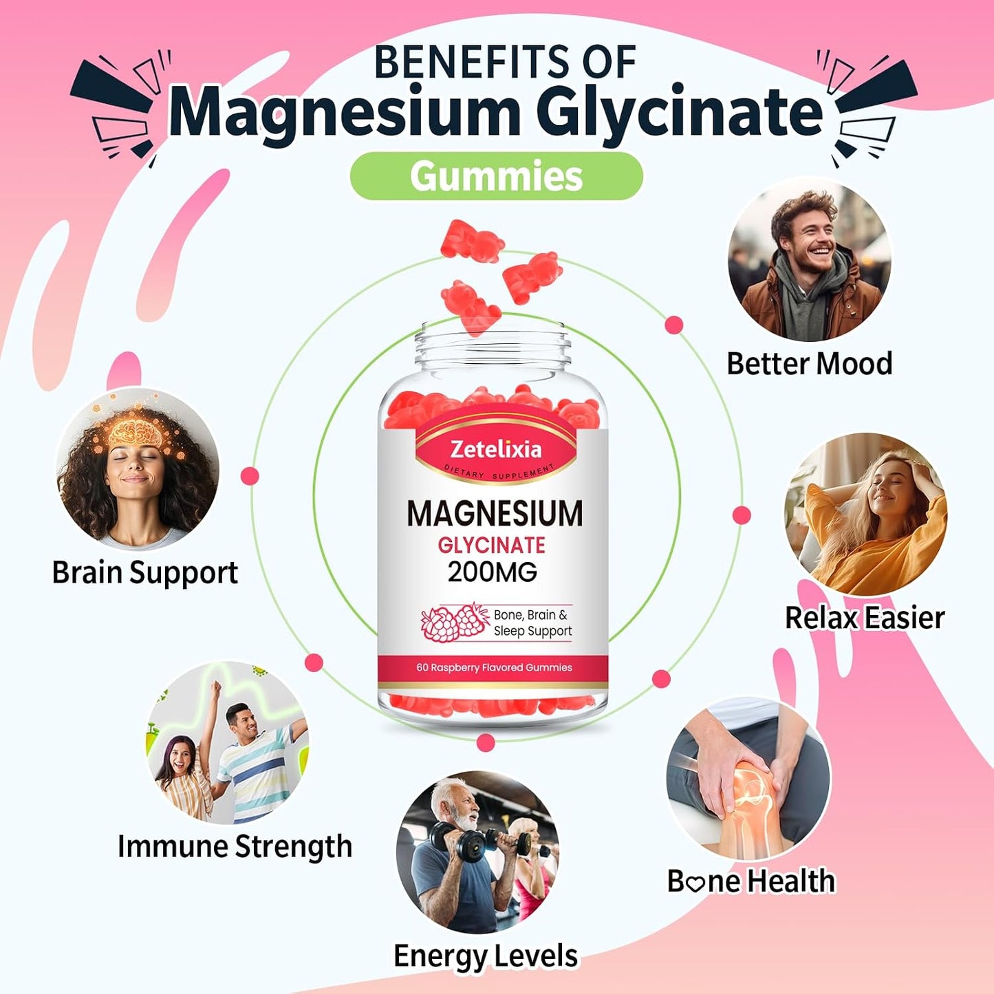 200MG Magnesium Glycinate Gummies, High Absorption Magnesium Glycinate Supplements for Relaxation, Raspberry Flavor 60 Count