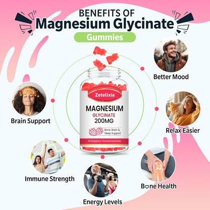 200MG Magnesium Glycinate Gummies, High Absorption Magnesium Glycinate Supplements for Relaxation, Raspberry Flavor 60 Count