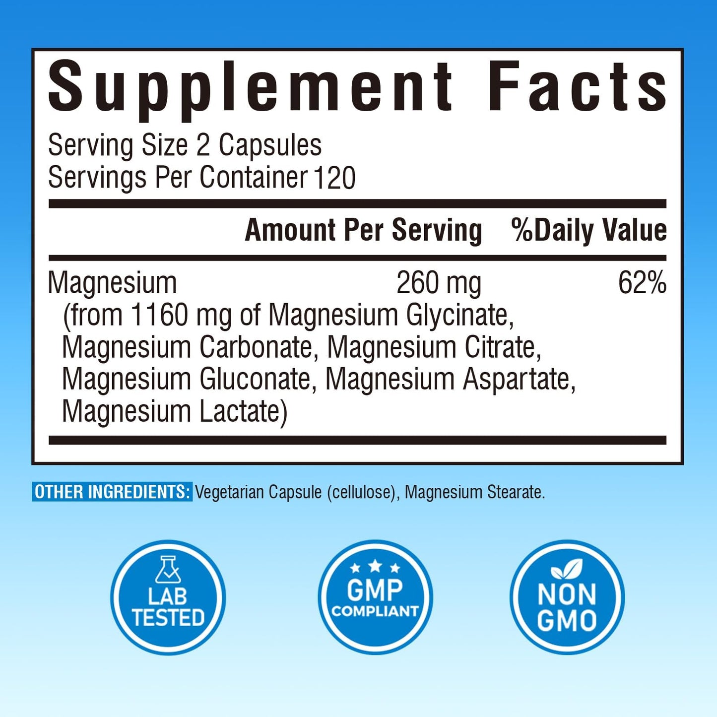 Vitalibre 6 in 1 Magnesium Complex for Women Men, 260mg Elemental Magnesium | Max Absorption | Chelated Magnesium Supplement for Bone, Relaxation & Nerves Support | Non-GMO, 120 Vegan Capsules