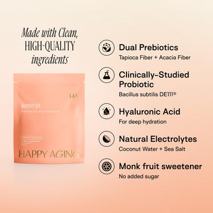 Happy Aging Electrolytes Powder Packets for Women - Sugar Free Hydration & Gut Health with Hyaluronic Acid & Bacillus Subtilis DE111 Probiotics - Dual Prebiotic System for Skin Beauty