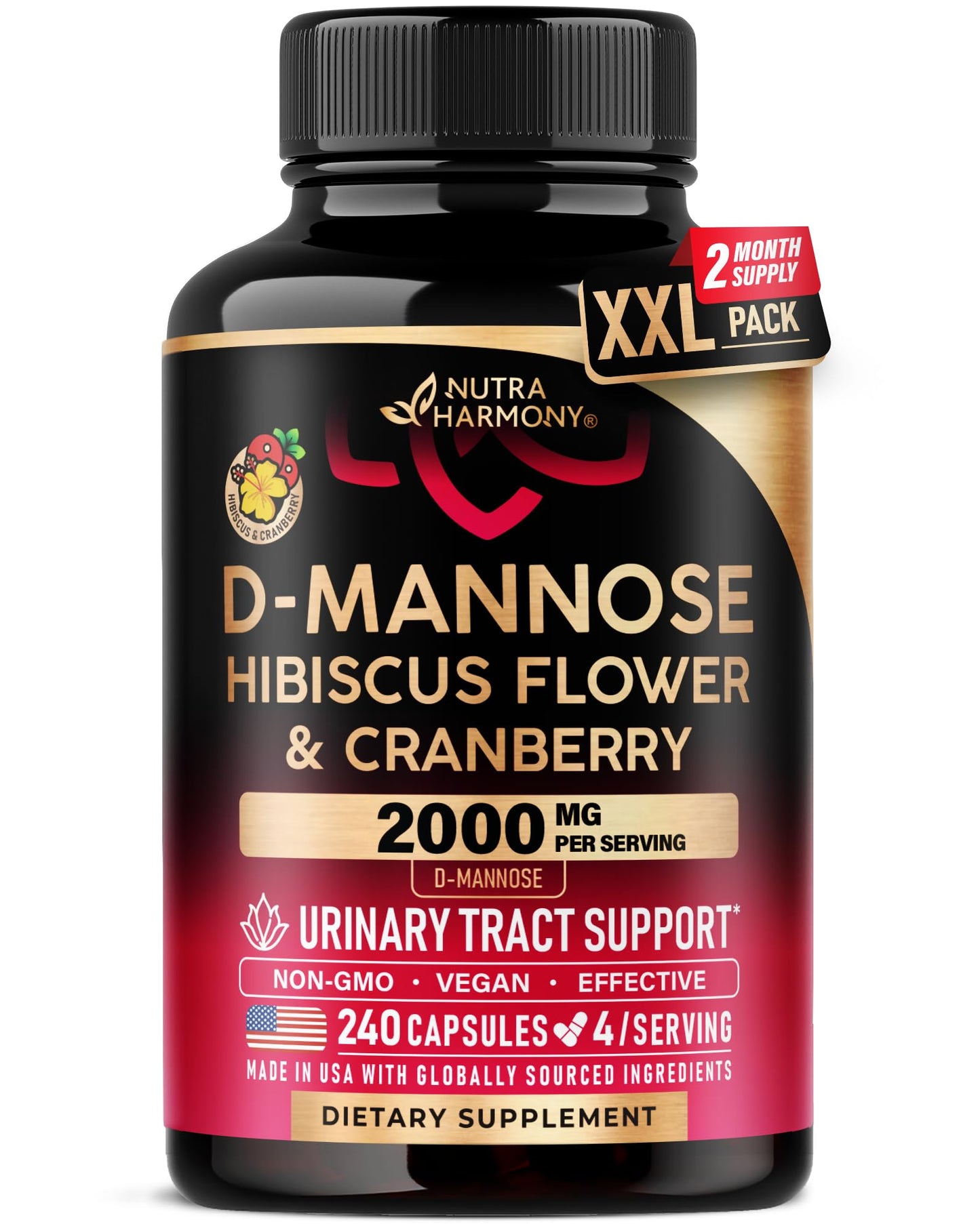 D-Mannose 2000mg with Cranberry & Hibiscus - Clinically Tested Strength for Urinary Tract Health - Supplement for Women - Bladder, Liver & Microflora Support - Lab Tested - Vegan, 120 Capsules
