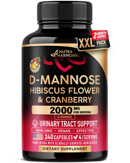 D-Mannose 2000mg with Cranberry & Hibiscus - Clinically Tested Strength for Urinary Tract Health - Supplement for Women - Bladder, Liver & Microflora Support - Lab Tested - Vegan, 120 Capsules