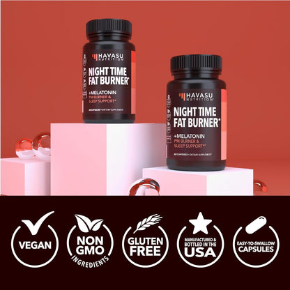 Night Time Fat Burner for Weight Loss Support for Men and Women, 60 Count | Appetite Suppressant and Overnight Metabolism Booster with Melatonin for Sleep Support, Vegan, Gluten Free, 60 Servings