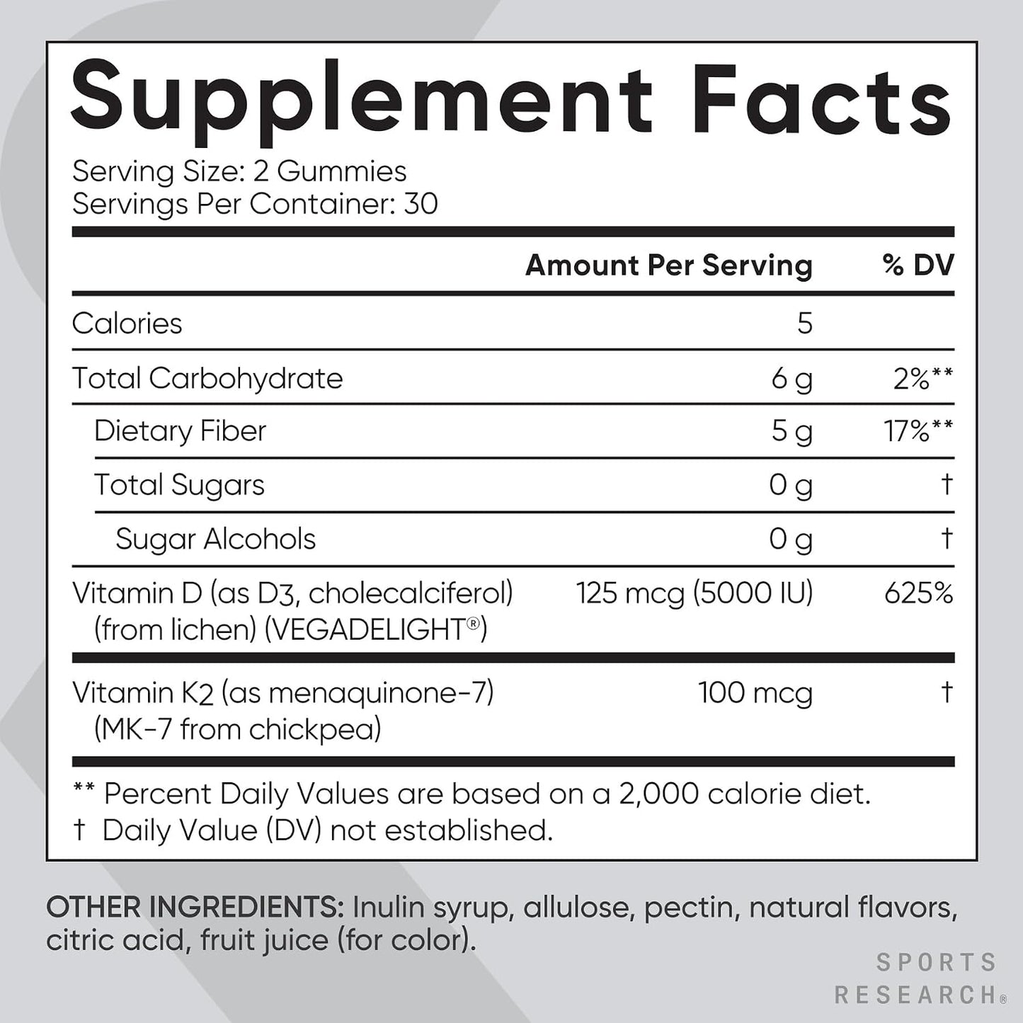 Sports Research® Vegan Vitamin D3 + K2 Sugar-Free Gummies - 125mcg (5000iu) Vitamin D w/ 100mcg Mk7 Vitamin K - Supports Bone & Immune Health* - Vegan Certified · Non-GMO · Soy Free - 60 Count