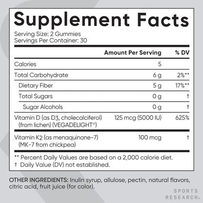 Sports Research® Vegan Vitamin D3 + K2 Sugar-Free Gummies - 125mcg (5000iu) Vitamin D w/ 100mcg Mk7 Vitamin K - Supports Bone & Immune Health* - Vegan Certified · Non-GMO · Soy Free - 60 Count