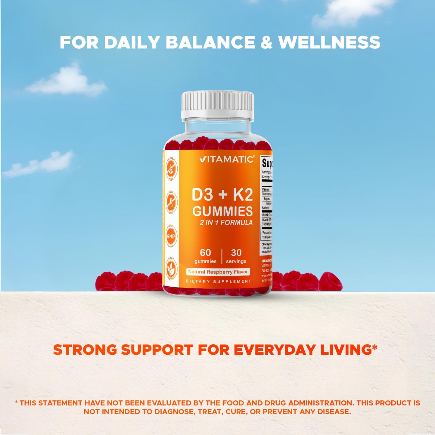 Vitamatic Vitamin D3 + K2 Gummies 60 Count - 2 Pack | D-3 5000 IU + Vitamin K 140mcg for Bone Heart & Immune Support, Pectin-Based, Non-GMO, Gluten-Free