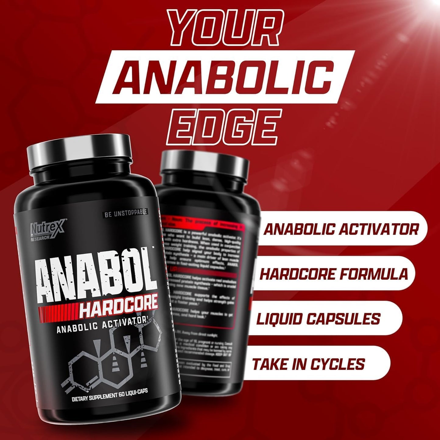Nutrex Research Anabol Hardcore Anabolic Activator, Muscle Builder and Hardening Agent, 60 Pills Fast Acting Liquid Capsules - 1 Month Supply
