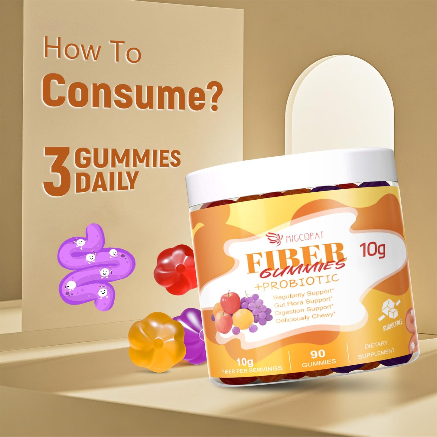 Migcopat 10G Fiber Gummies with Probiotics, Fiber Supplement with 30 Billion CFU Probiotics Blend, ACV, Vitamin C, Inulin - Support Digestive Health - No Sugar Added - Fruit Flavored - 90 Count