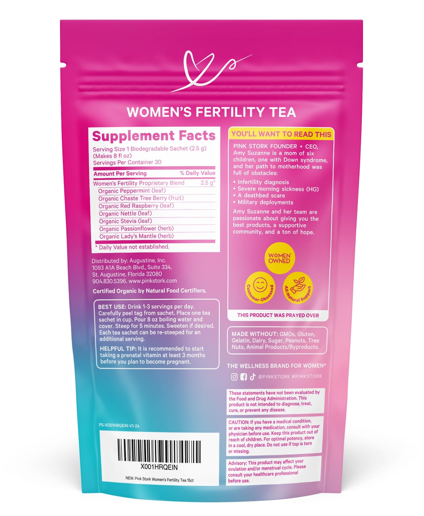 Pink Stork Organic Fertility Tea for Women, Sweet Mint, 15 Sachets | USDA Organic Herbs, Chaste Tree Berry (Vitex), Red Raspberry Leaf, Hormone Balance Support, Caffeine Free, 30 servings