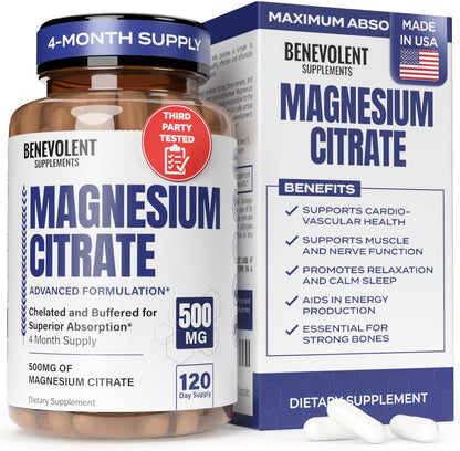 Premium Magnesium Capsules 500mg, High Absorption Formula Chelated Buffered Citrate to Support Digestion, Bone, Sleep & Muscle Health – Magnesium Citrate - 120 Capsules