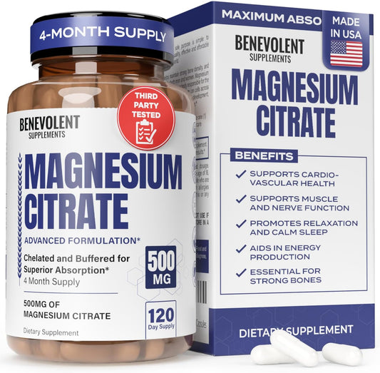 Premium Magnesium Capsules 500mg, High Absorption Formula Chelated Buffered Citrate to Support Digestion, Bone, Sleep & Muscle Health – Magnesium Citrate - 120 Capsules
