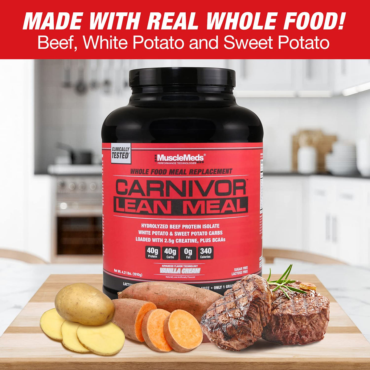 MuscleMeds CARNIVOR LEAN MEAL whole food meal replacement shake, MRE, beef protein