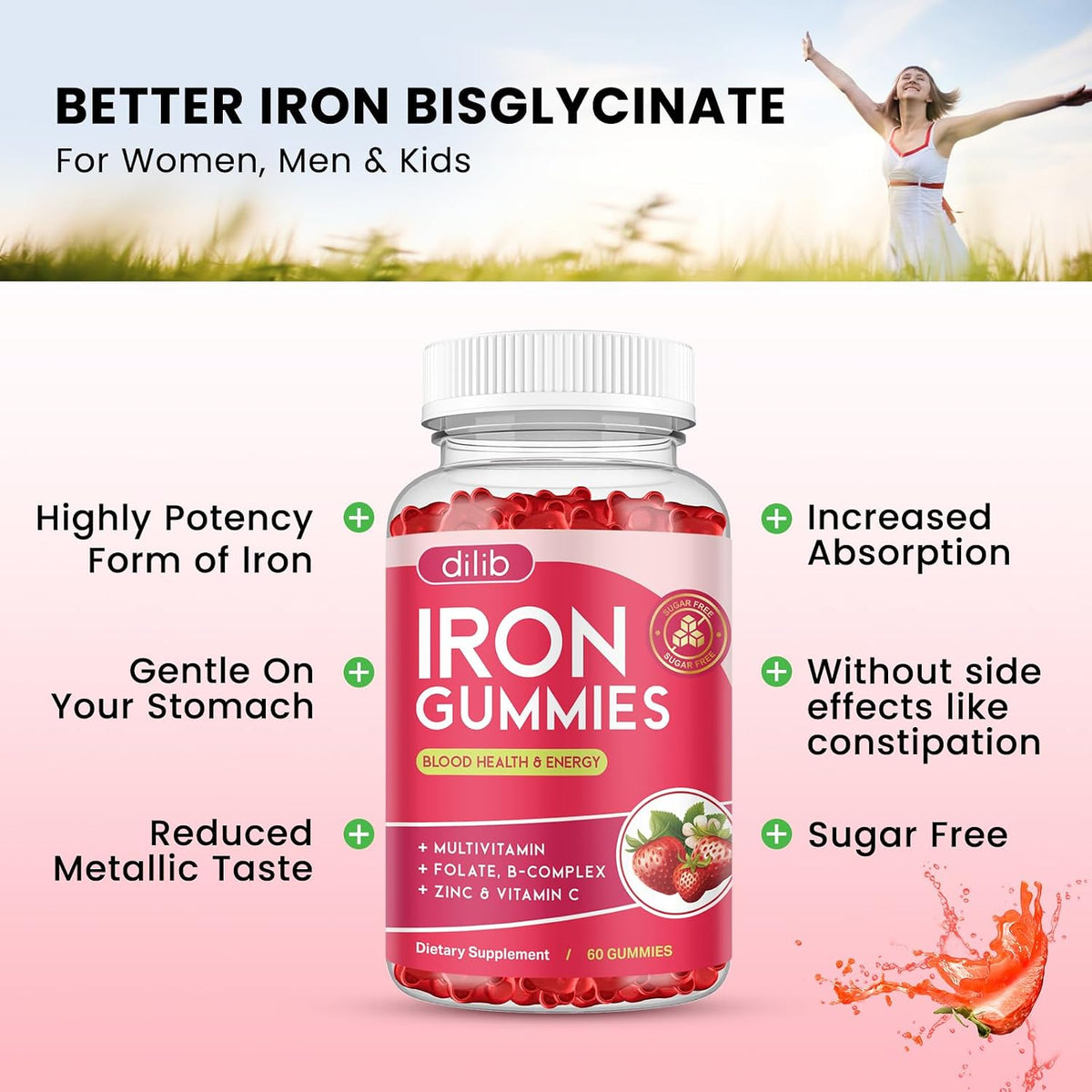 Iron Gummies with Multivitamin, Iron Supplement for Women & Men with Zinc, Vitamin B Complex & C, B12, Folate - Blood Builder & Energy Support for Adults & Kids - Strawberry Flavor, Vegan 60 Gummies