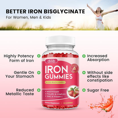 Iron Gummies with Multivitamin, Iron Supplement for Women & Men with Zinc, Vitamin B Complex & C, B12, Folate - Blood Builder & Energy Support for Adults & Kids - Strawberry Flavor, Vegan 60 Gummies