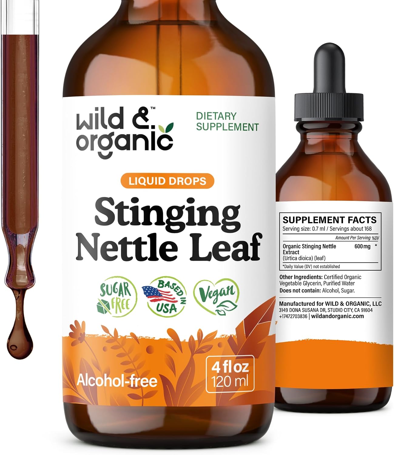Wild & Organic Stinging Nettle Leaf Tincture - Urinary Tract Support - Stinging Nettle Extract Liquid Drops - Urtica Dioica Supplement - 5-Month Supply - Vegan, Sugar & Alcohol-Free - 4 fl oz