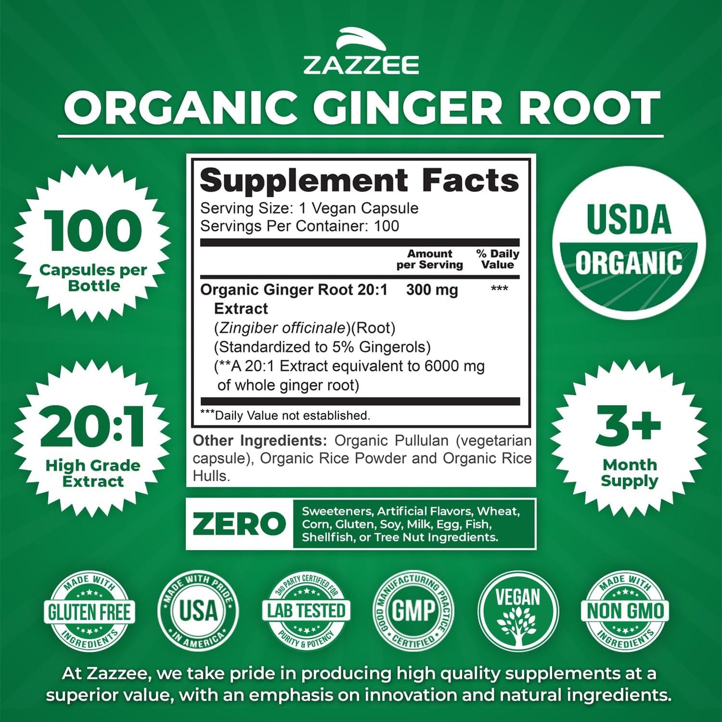 Zazzee USDA Organic Ginger Root 20:1 Extract, 5% Gingerols, 100 Vegan Capsules, 3+ Month Supply, Zingiber Officinale, Digestive & Stomach Support, All-Natural, Non-GMO, Made in the USA