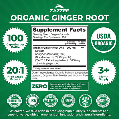 Zazzee USDA Organic Ginger Root 20:1 Extract, 5% Gingerols, 100 Vegan Capsules, 3+ Month Supply, Zingiber Officinale, Digestive & Stomach Support, All-Natural, Non-GMO, Made in the USA