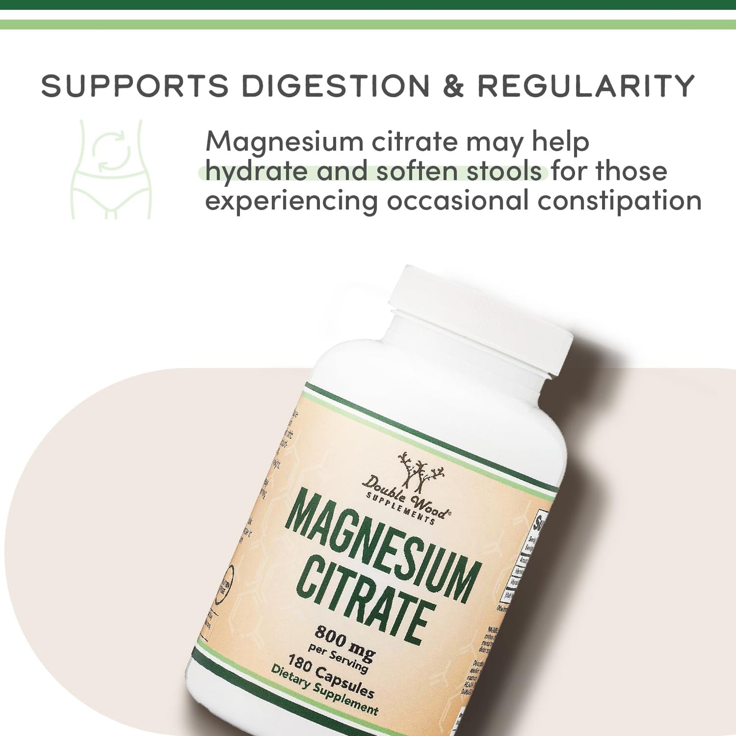 Magnesium Citrate 800mg, 180 Capsules, Digestion & Constipation Support, Vegan Safe, Non-GMO, Double Wood Supplements