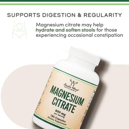 Magnesium Citrate 800mg, 180 Capsules, Digestion & Constipation Support, Vegan Safe, Non-GMO, Double Wood Supplements