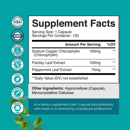 Chlorophyll Capsules for Cleanse and Detox Support - Internal Deodorant Pills for Body Odor with Mint & Parsley Extract Healthy Skin Immunity & Digestive Support - Vegan Non-GMO & Gluten Free (60ct)