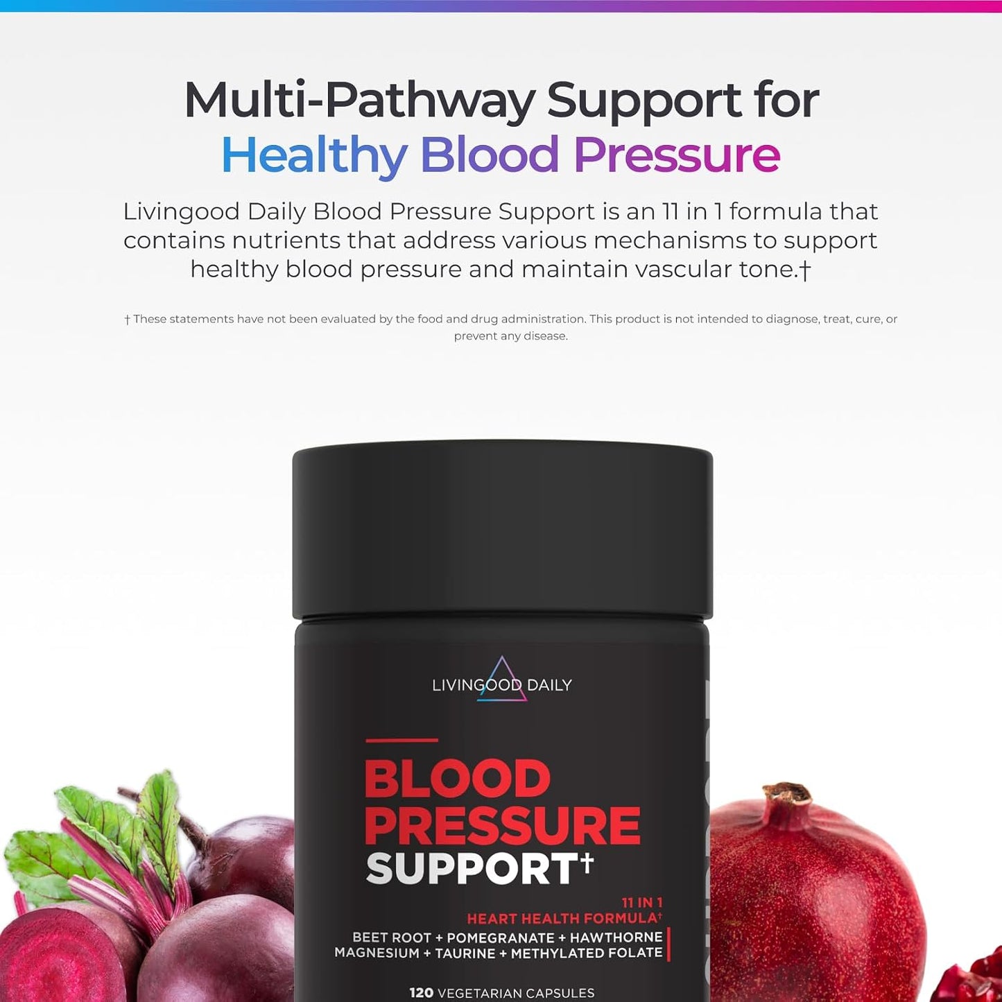 Livingood Daily Blood Pressure Support, Heart Health Supplement for Men & Women with Beet Root, Pomegranate, Hawthorn, Magnesium & Taurine, Cardiovascular Support Formula, Vegan, 120 Capsules