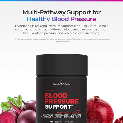 Livingood Daily Blood Pressure Support, Heart Health Supplement for Men & Women with Beet Root, Pomegranate, Hawthorn, Magnesium & Taurine, Cardiovascular Support Formula, Vegan, 120 Capsules