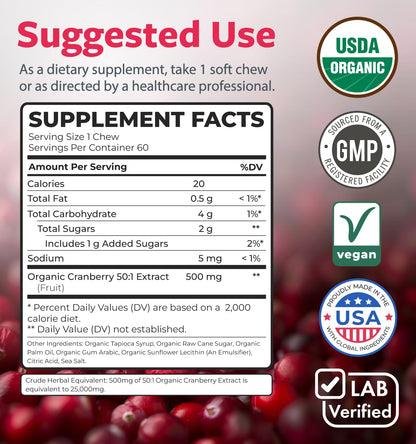 Organic Cranberry Pills - Vegan Supplement for Urinary Tract Health & Kidney Cleanse - Cranberry Pills for Women 500mg 50:1 Cranberry Concentrate Per Serving - Urinary Tract Support - 60 Capsules