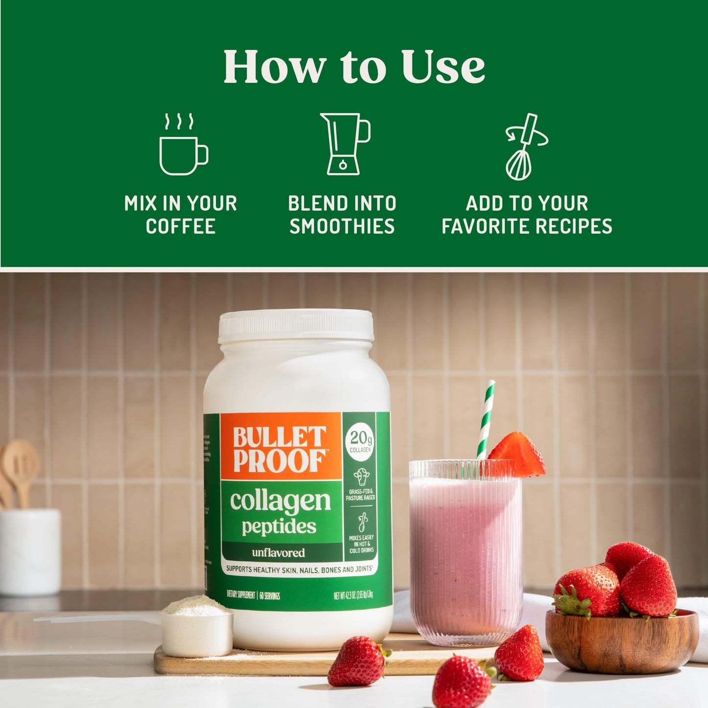 Bulletproof Unflavored Collagen Peptides Powder, 20g Grass-Fed Collagen Protein and Amino Acids for Skin, Bones and Joints, 17.6 Ounces