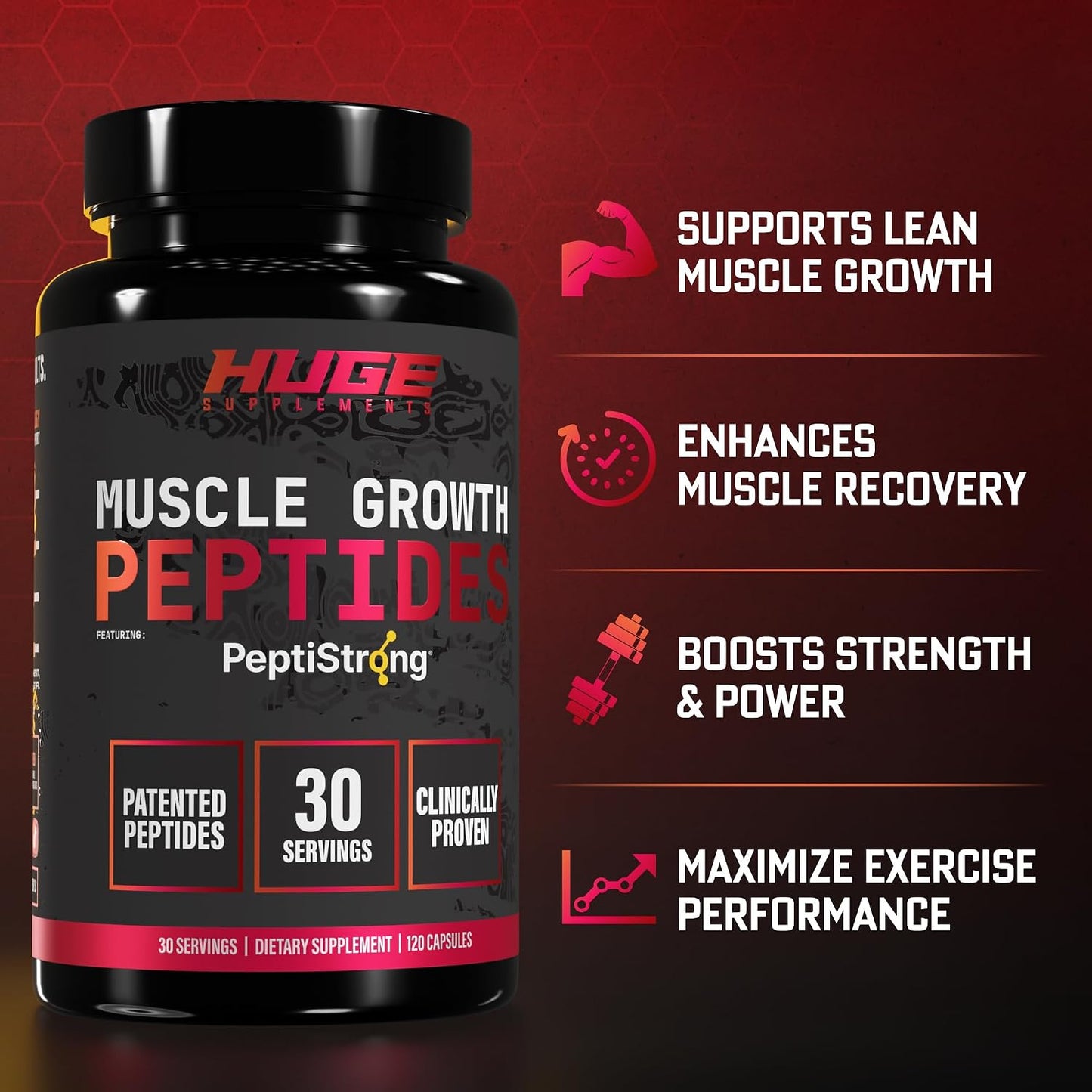 Huge Muscle Growth Peptides, Unique PeptiStrong® Peptide Complex, Clinically Studied, Supports Muscle Protein Synthesis, Strength, Performance & Recovery, Advanced Peptide Technology, 30 Servings