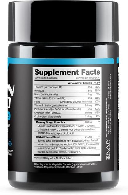 Snap Supplements Brain Booster Nootropics Supplement, 60 Vegan Capsules | Bacopa Extract, Huperzine A, Vitacholine, Ginkgo Biloba, Gluten-Free, Non-GMO, Free of Major Allergens