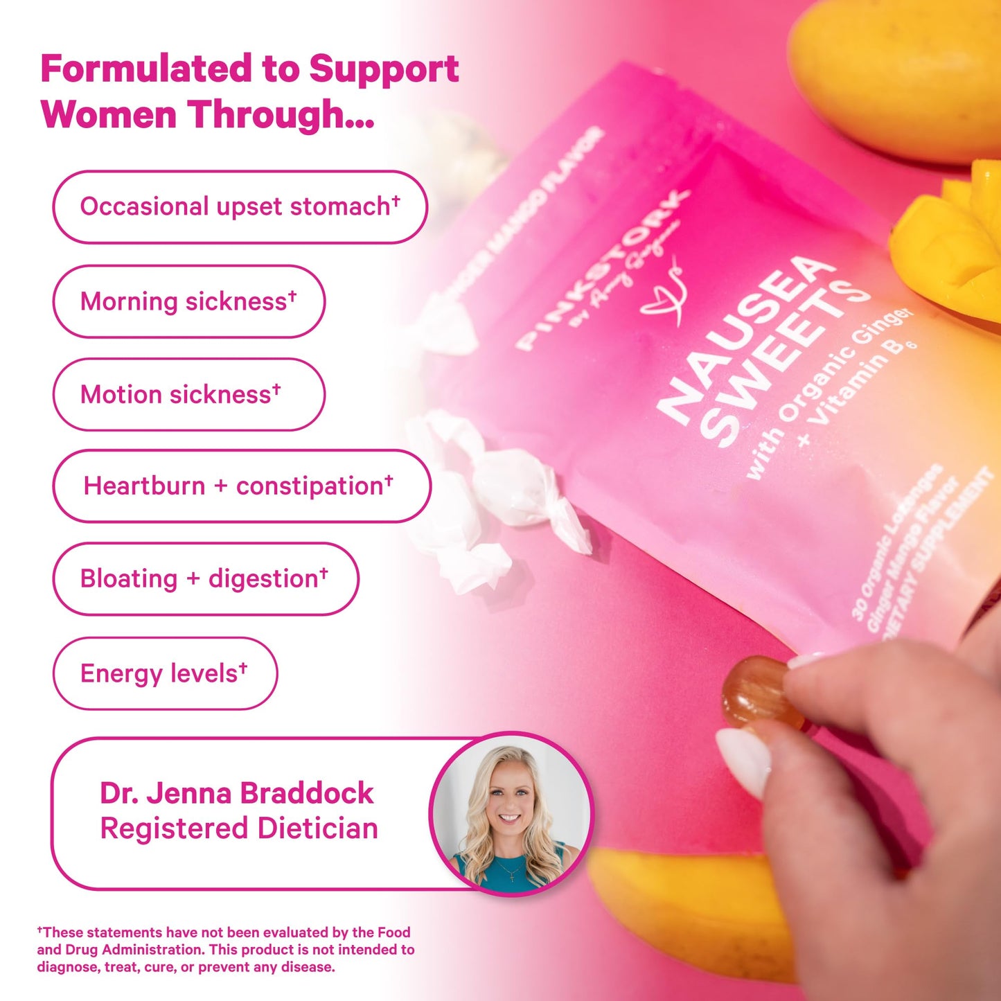 Pink Stork Organic Peppermint Sweets, Peppermint, 30 Candies | Morning Sickness Support, Motion Sickness Support, Added Vitamin B6, 1st Trimester Pregnancy Must Haves, Wrapped
