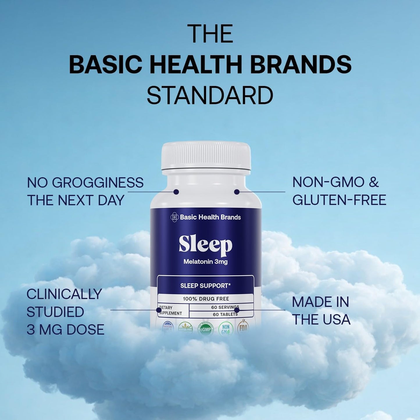 Basic Health Brands Sleep Melatonin, 3 mg 60 Count | 3mg Melatonin 60 Fast-Dissolve Tablets, Sleep Aid for Adults, Drug-Free, Non-GMO, Gluten-Free, Wake Up Refreshed