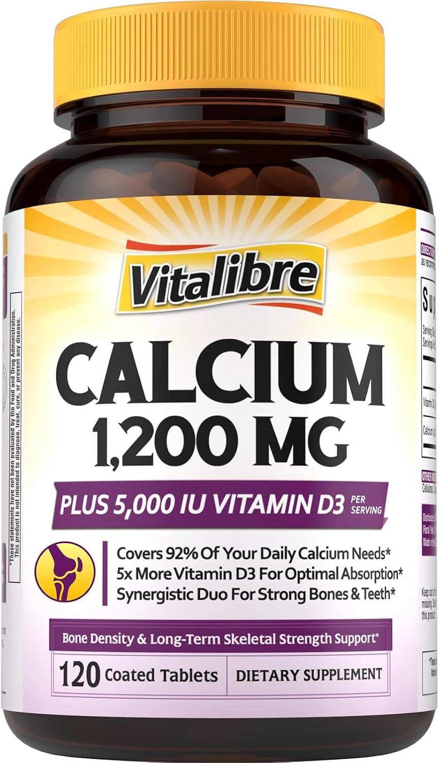 Vitalibre Calcium Supplements for Women, 120 Coated Tablets | Calcium 1200 mg with Vitamin D3 5000IU, Bone Strength Density, Enhanced Absorption Stomach - Friendly Gentle