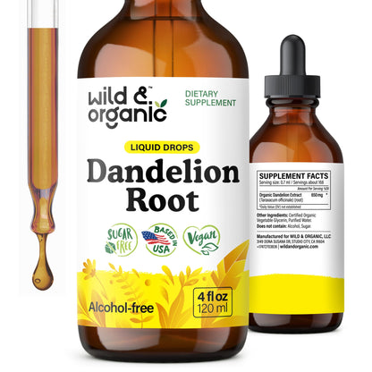 Wild & Organic Dandelion Root Extract Drops - Liver Cleanse Detox - Herbal Dandelion Tincture - Liver Support Supplement - Add to Tea - Vegan, Sugar & Alcohol-Free Liquid Drops - 4 fl oz