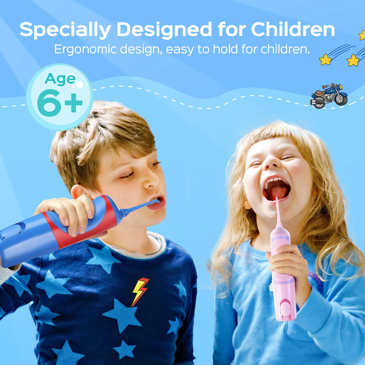 COSLUS C31 Kids Water Dental Flosser, Safe & Gentle for Ages 6+, Blue White